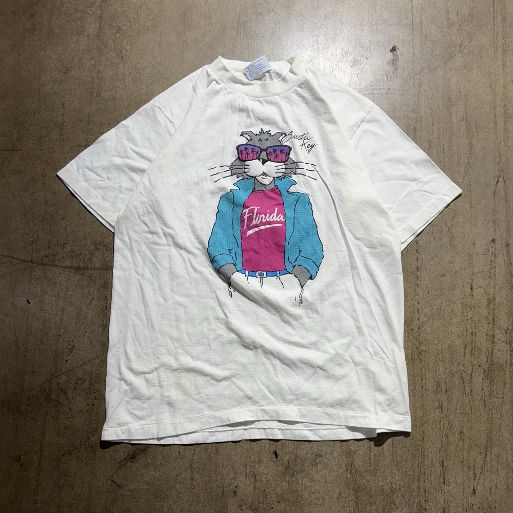Vintage Siesta Key Florida Cat Shirt Mens Large White All Sport Graphic 90s